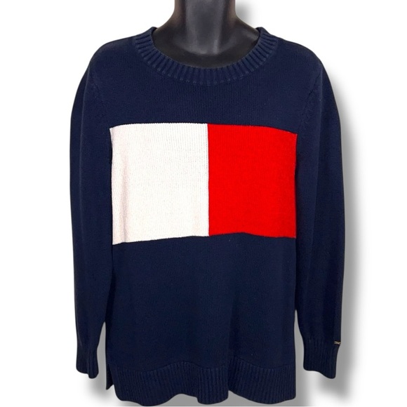 Large Tommy Hilfiger Blue Red White Colorblock Mens Sweater Preppy Academia - Picture 1 of 11
